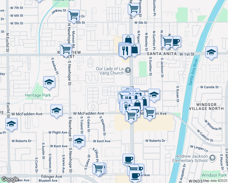 map of restaurants, bars, coffee shops, grocery stores, and more near 432 South Harbor Boulevard in Santa Ana