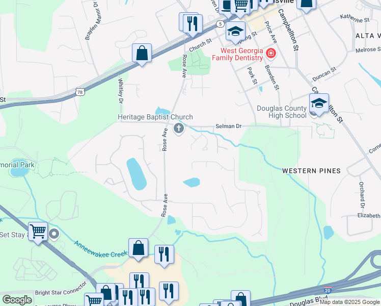 map of restaurants, bars, coffee shops, grocery stores, and more near 8847 West Hills Court in Douglasville