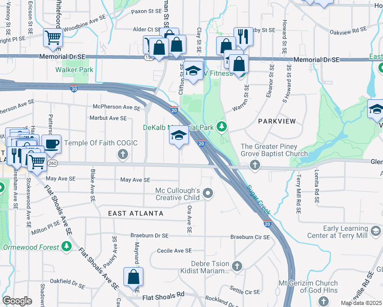 map of restaurants, bars, coffee shops, grocery stores, and more near 480 Clifton Street Southeast in Atlanta