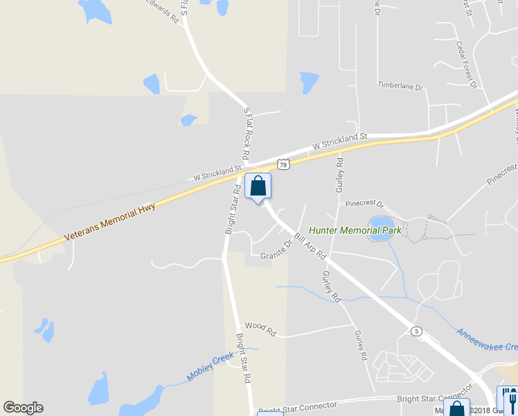 map of restaurants, bars, coffee shops, grocery stores, and more near 8849 Highway 5 in Douglasville