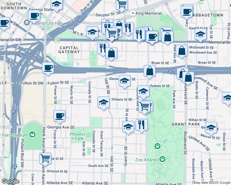map of restaurants, bars, coffee shops, grocery stores, and more near 507 Broyles Street Southeast in Atlanta