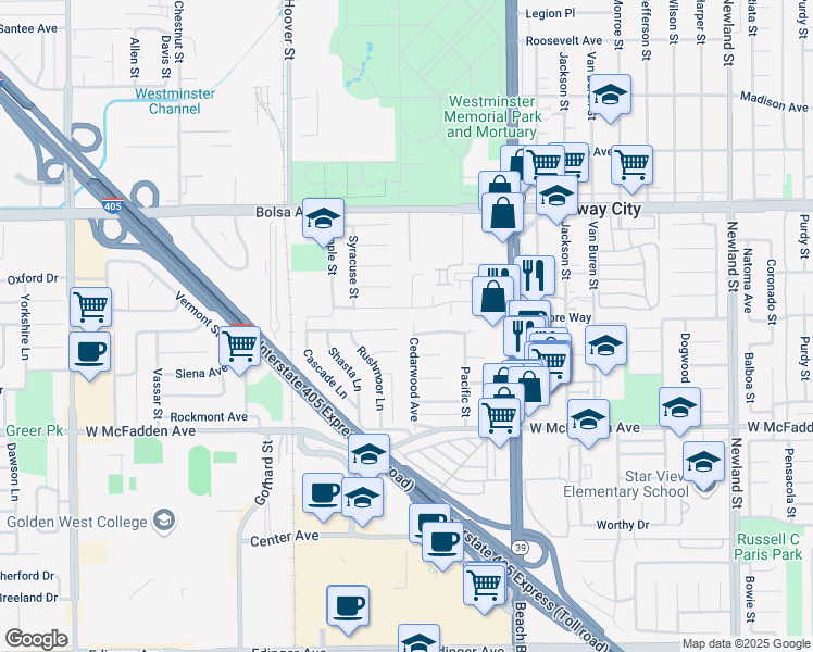 map of restaurants, bars, coffee shops, grocery stores, and more near 15251 Cedarwood Avenue in Midway City