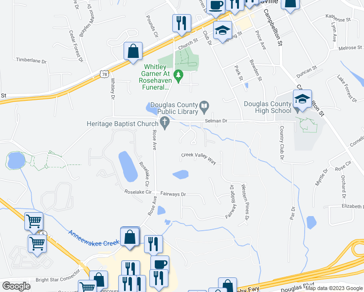 map of restaurants, bars, coffee shops, grocery stores, and more near 8845 West Hills Court in Douglasville