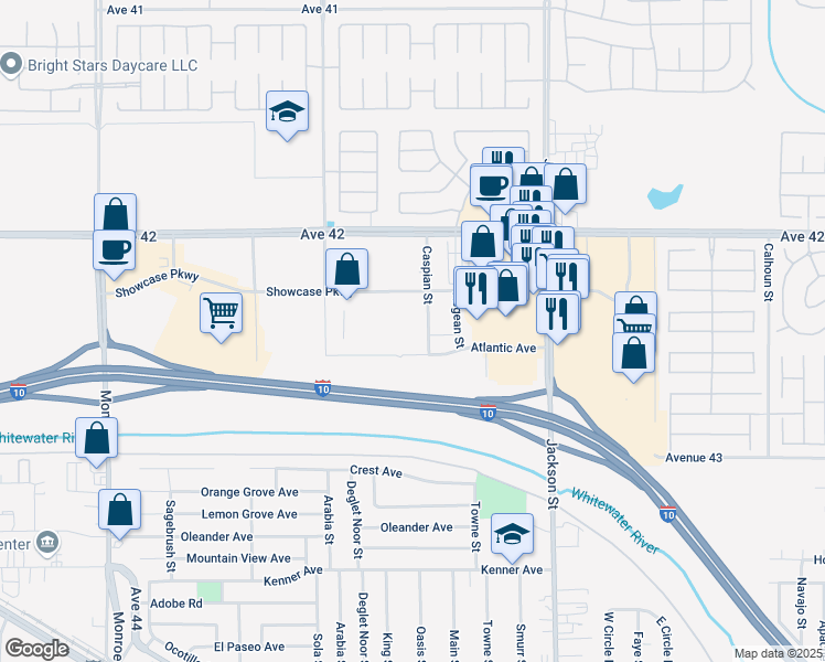 map of restaurants, bars, coffee shops, grocery stores, and more near Caspian Street in Indio
