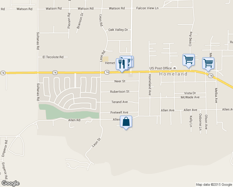 map of restaurants, bars, coffee shops, grocery stores, and more near 31135 Robertson Street in Homeland