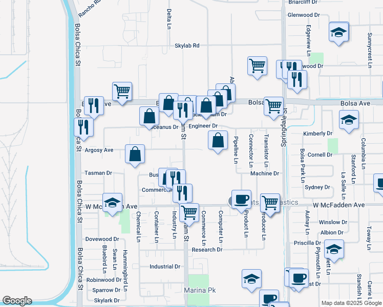 map of restaurants, bars, coffee shops, grocery stores, and more near 15342 Graham Street in Huntington Beach