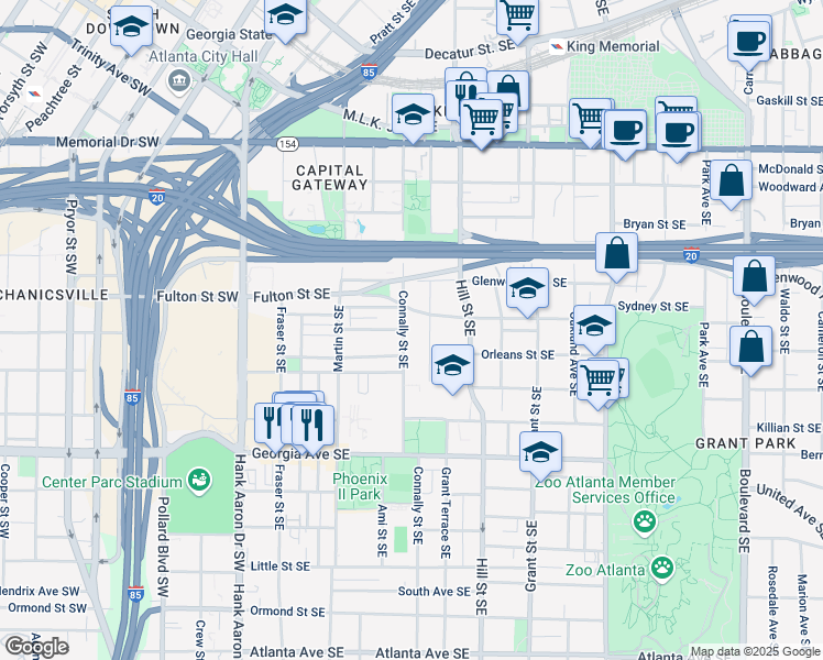 map of restaurants, bars, coffee shops, grocery stores, and more near 510 Connally Street Southeast in Atlanta