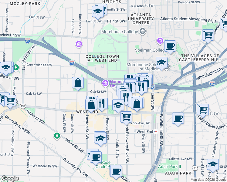 map of restaurants, bars, coffee shops, grocery stores, and more near 977 Oak St SW in Atlanta