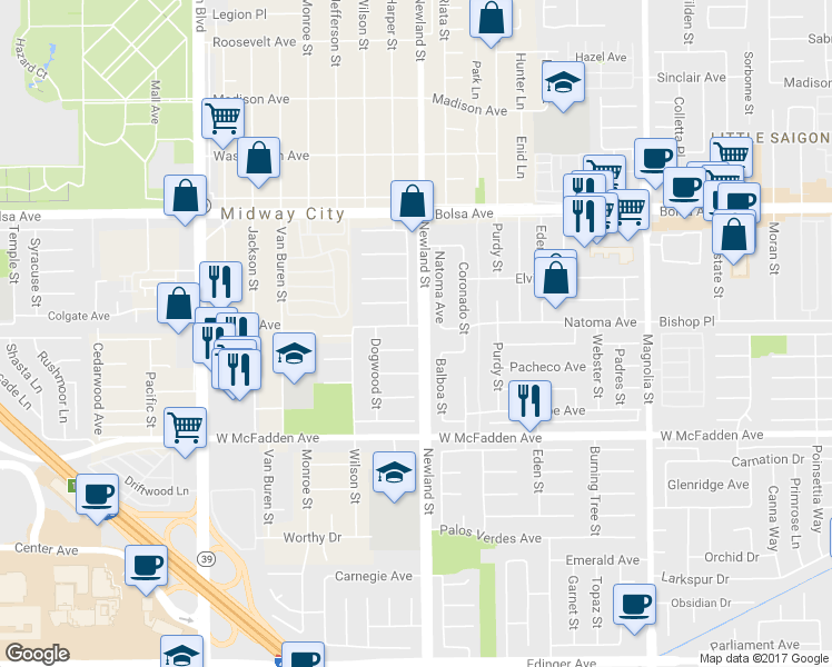 map of restaurants, bars, coffee shops, grocery stores, and more near 8492 Aspenwood Avenue in Westminster