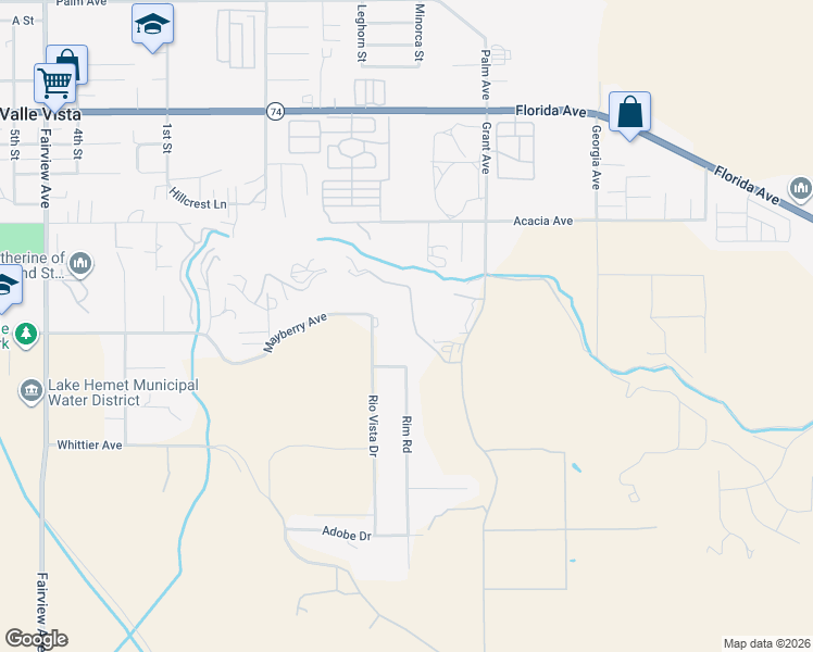 map of restaurants, bars, coffee shops, grocery stores, and more near 26241 Grant Avenue in Hemet