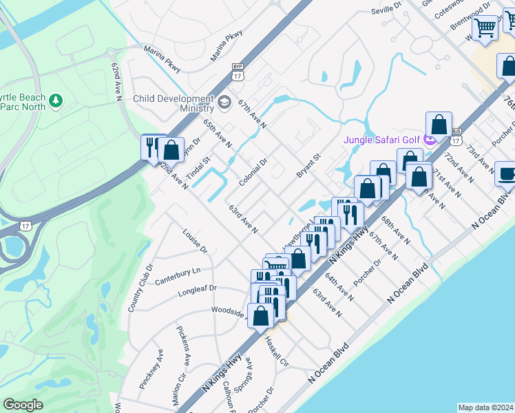 map of restaurants, bars, coffee shops, grocery stores, and more near 6306B Wedgewood Street in Myrtle Beach