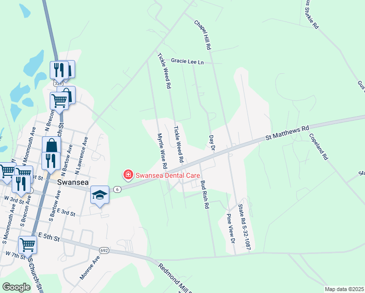 map of restaurants, bars, coffee shops, grocery stores, and more near 327 Tickle Weed Road in Swansea