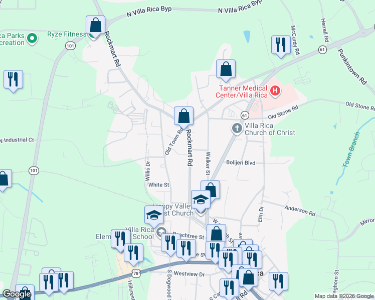 map of restaurants, bars, coffee shops, grocery stores, and more near 402 Rockmart Road in Villa Rica