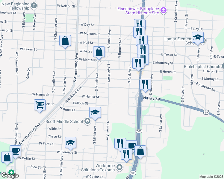 map of restaurants, bars, coffee shops, grocery stores, and more near 422 West Acheson Street in Denison