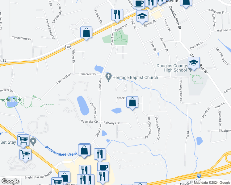 map of restaurants, bars, coffee shops, grocery stores, and more near 8848 West Hills Court in Douglasville