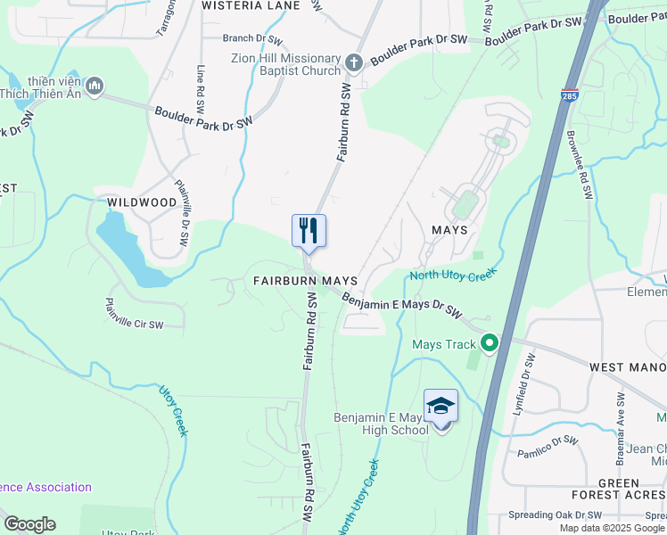 map of restaurants, bars, coffee shops, grocery stores, and more near 3711 Benjamin E Mays Drive Southwest in Atlanta