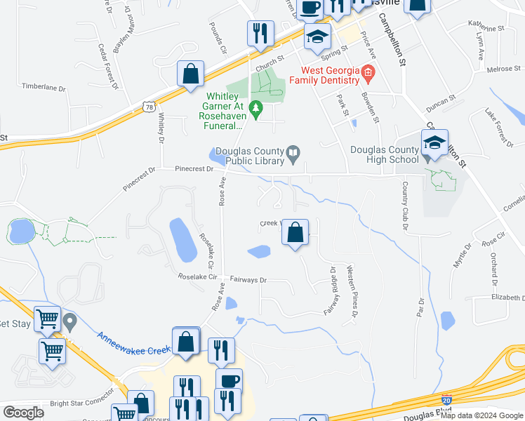 map of restaurants, bars, coffee shops, grocery stores, and more near 8843 West Hills Court in Douglasville