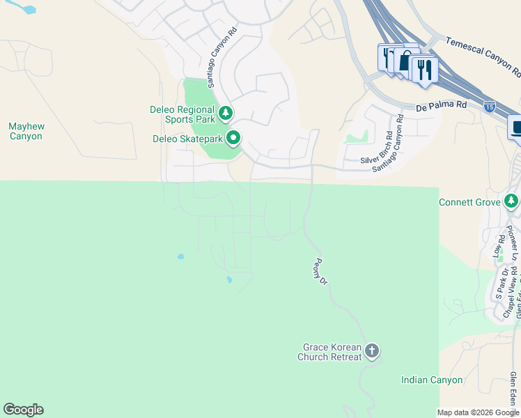 map of restaurants, bars, coffee shops, grocery stores, and more near 26236 Towhee Lane in Corona