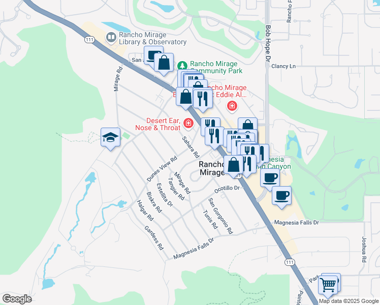 map of restaurants, bars, coffee shops, grocery stores, and more near 42278 Dunes View Road in Rancho Mirage