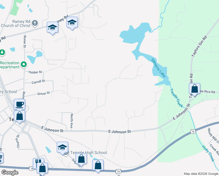 map of restaurants, bars, coffee shops, grocery stores, and more near 187 Ivey Lake Parkway in Temple