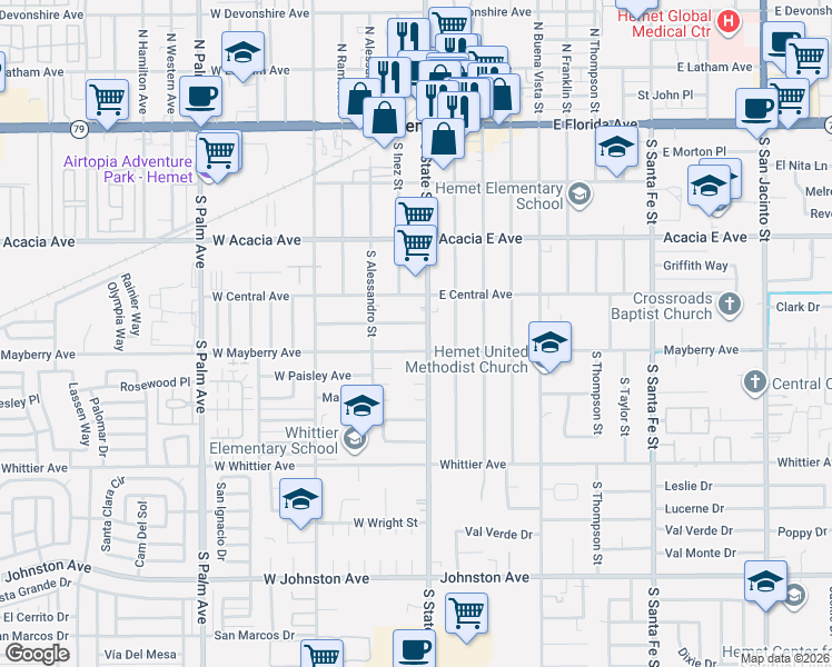 map of restaurants, bars, coffee shops, grocery stores, and more near 434 County Road R3 in Hemet