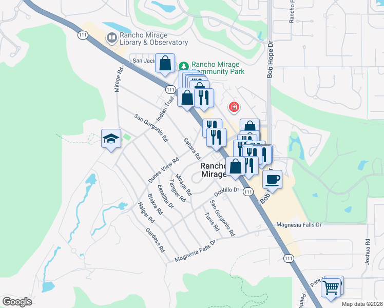 map of restaurants, bars, coffee shops, grocery stores, and more near 42278 Dunes View Road in Rancho Mirage