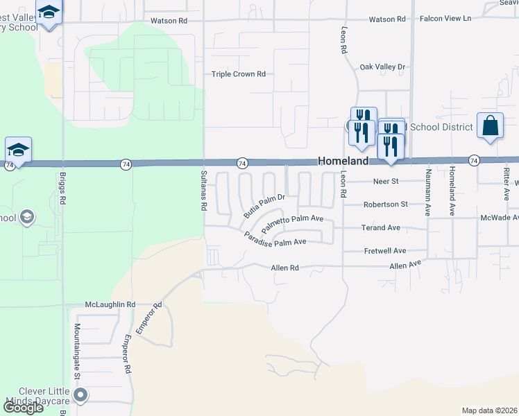map of restaurants, bars, coffee shops, grocery stores, and more near 30697 Butia Palm Drive in Homeland