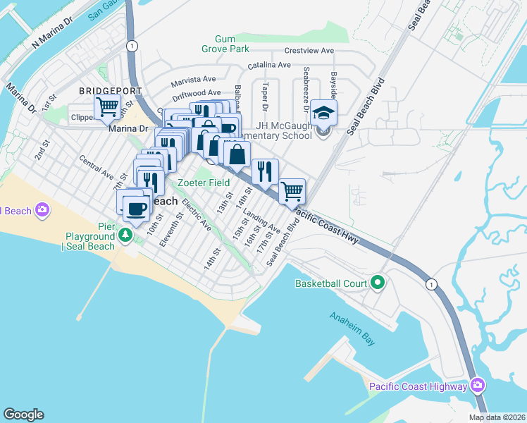 map of restaurants, bars, coffee shops, grocery stores, and more near 311 16th Street in Seal Beach