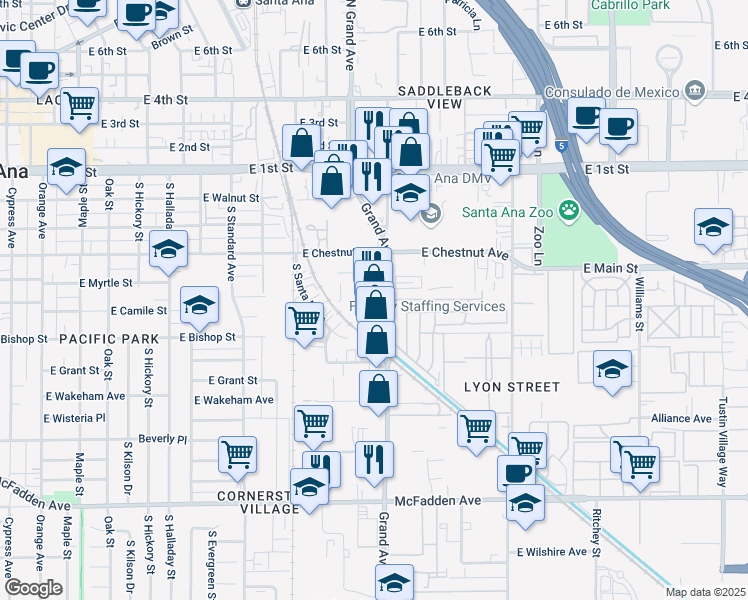 map of restaurants, bars, coffee shops, grocery stores, and more near 510-572 South Grand Avenue in Santa Ana