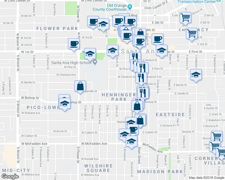 map of restaurants, bars, coffee shops, grocery stores, and more near 411 West Camile Street in Santa Ana