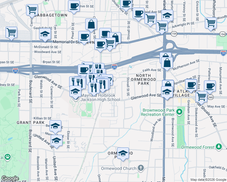 map of restaurants, bars, coffee shops, grocery stores, and more near 480 Bartram Street Southeast in Atlanta
