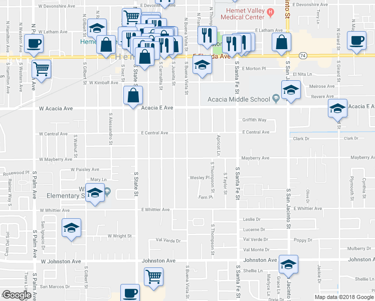 map of restaurants, bars, coffee shops, grocery stores, and more near 442 South Buena Vista Street in Hemet