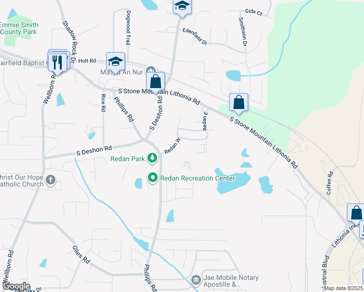 map of restaurants, bars, coffee shops, grocery stores, and more near 1668 Redan West in Lithonia