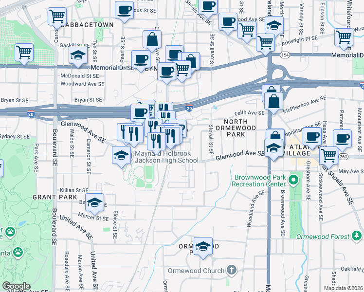 map of restaurants, bars, coffee shops, grocery stores, and more near 480 Bartram Street Southeast in Atlanta
