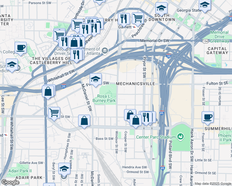map of restaurants, bars, coffee shops, grocery stores, and more near 477 Windsor Street Southwest in Atlanta
