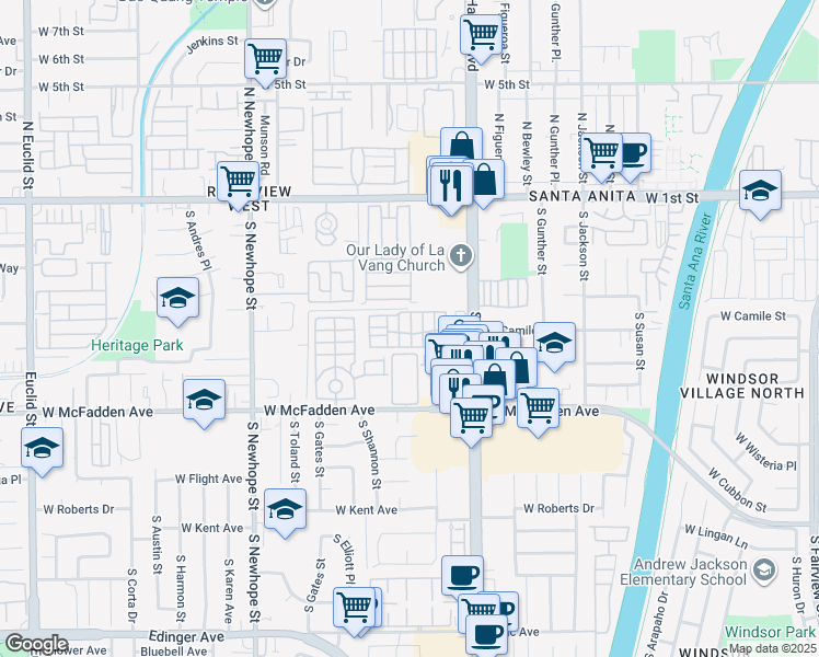 map of restaurants, bars, coffee shops, grocery stores, and more near 432 South Harbor Boulevard in Santa Ana
