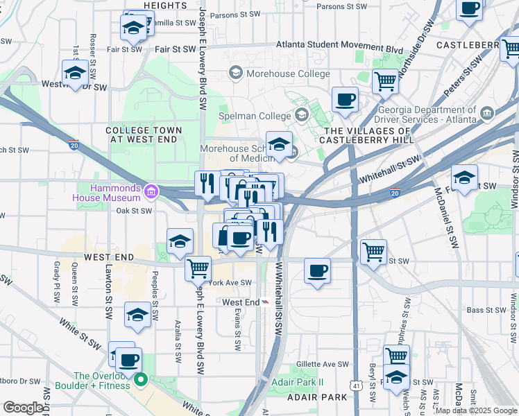 map of restaurants, bars, coffee shops, grocery stores, and more near 515 Lee Street Southwest in Atlanta