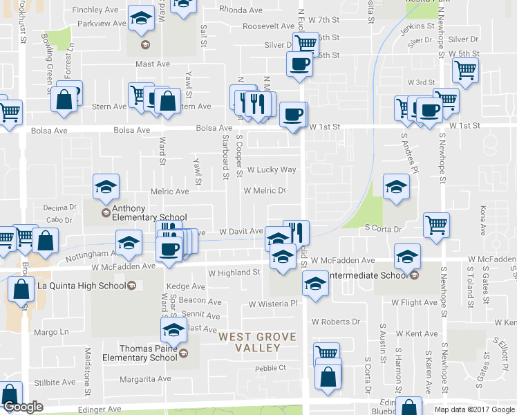 map of restaurants, bars, coffee shops, grocery stores, and more near 413 South Deming Street in Santa Ana
