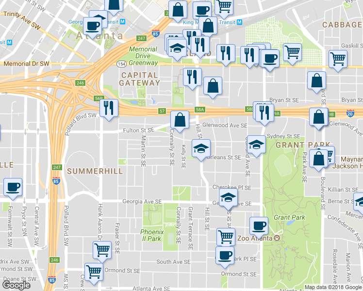 map of restaurants, bars, coffee shops, grocery stores, and more near 505 Kelly Street Southeast in Atlanta