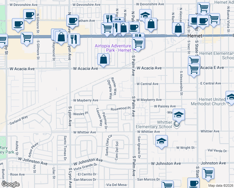 map of restaurants, bars, coffee shops, grocery stores, and more near 440 Rainier Way in Hemet
