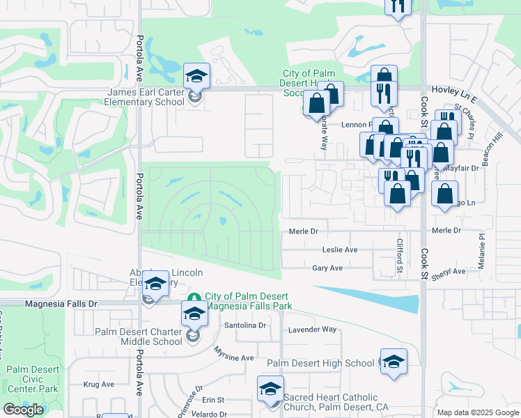 map of restaurants, bars, coffee shops, grocery stores, and more near 74514 Zircon Circle East in Palm Desert