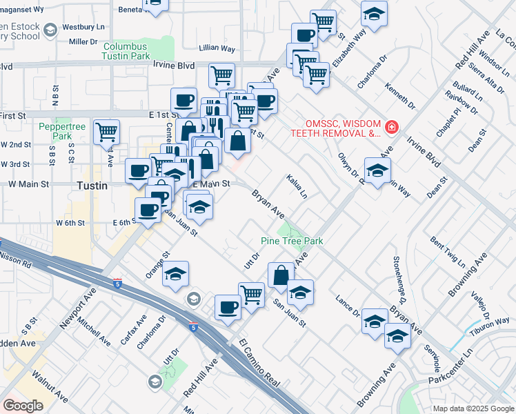 map of restaurants, bars, coffee shops, grocery stores, and more near 1262 Bryan Avenue in Tustin