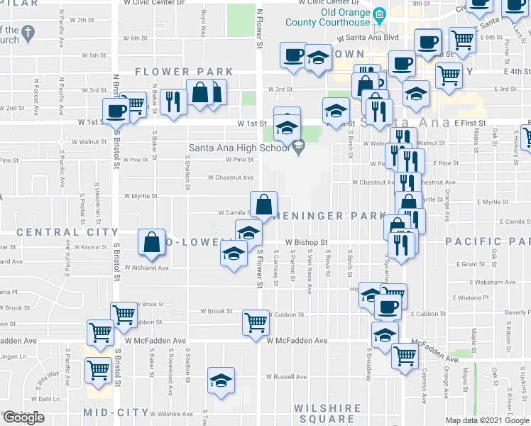 map of restaurants, bars, coffee shops, grocery stores, and more near 419 South Flower Street in Santa Ana