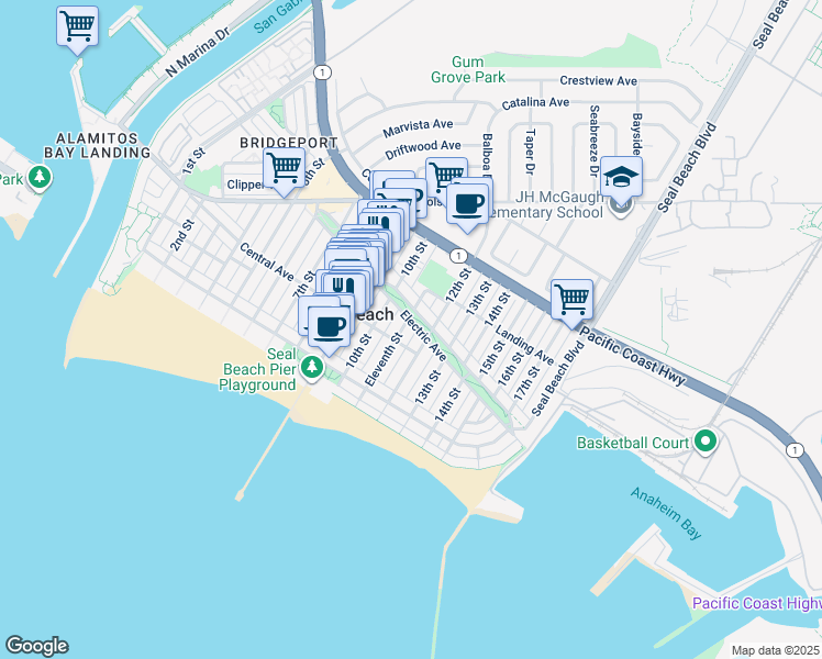 map of restaurants, bars, coffee shops, grocery stores, and more near 218 11th Street in Seal Beach