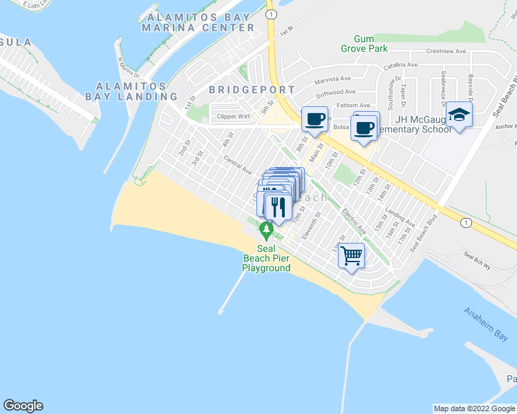 map of restaurants, bars, coffee shops, grocery stores, and more near 114 7th Street in Seal Beach