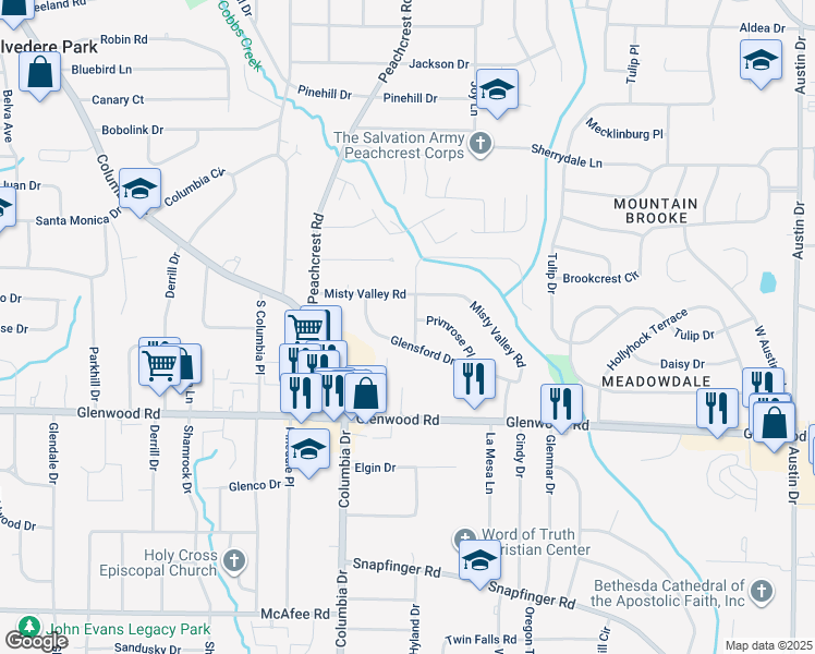 map of restaurants, bars, coffee shops, grocery stores, and more near 3377 Brookfield Lane in Decatur