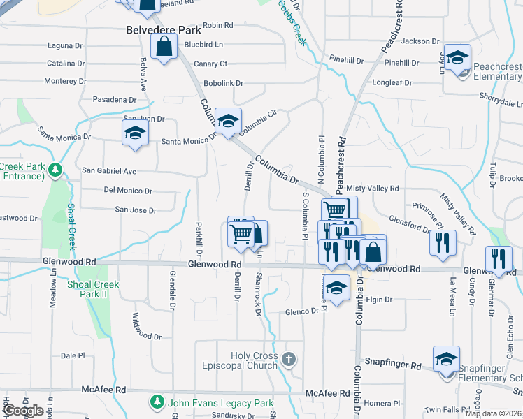map of restaurants, bars, coffee shops, grocery stores, and more near 1731 McKenzie Drive in Decatur