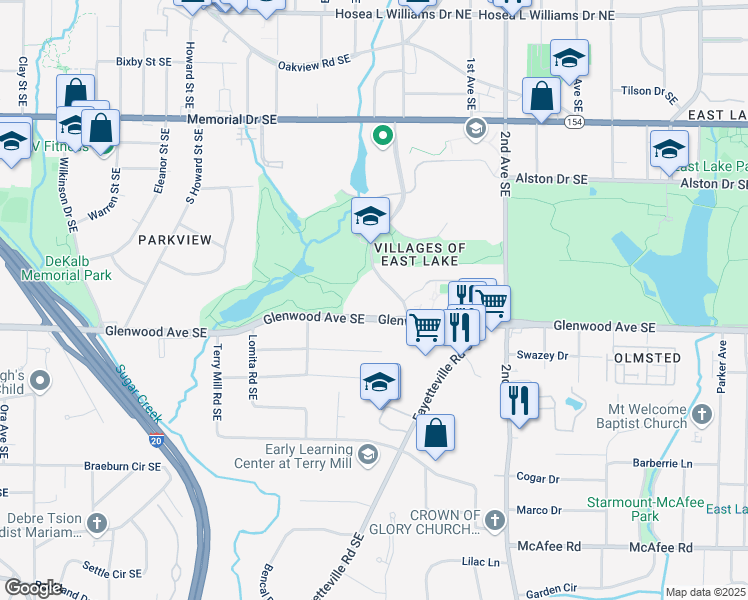 map of restaurants, bars, coffee shops, grocery stores, and more near 457 Eva Davis Way Southeast in Atlanta