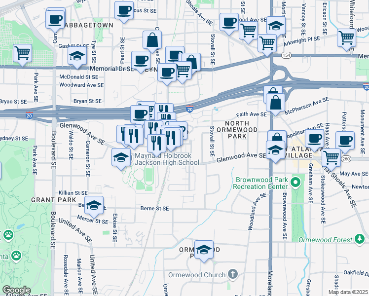 map of restaurants, bars, coffee shops, grocery stores, and more near 480 Bartram Street Southeast in Atlanta