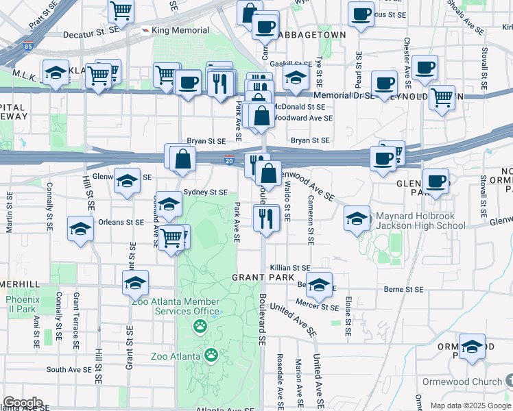 map of restaurants, bars, coffee shops, grocery stores, and more near 565 Sydney Street Southeast in Atlanta